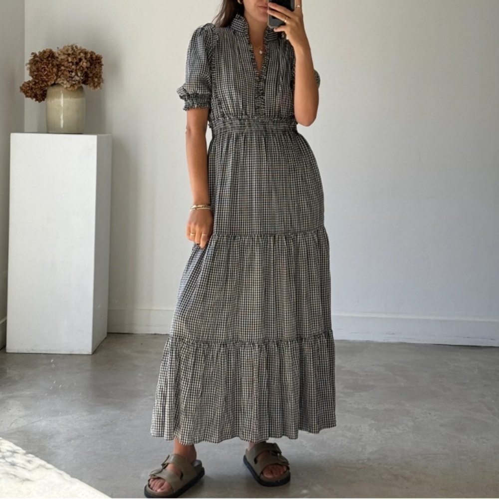 Max Studio gingham check puff sleeve maxi dress navy blue white 22552